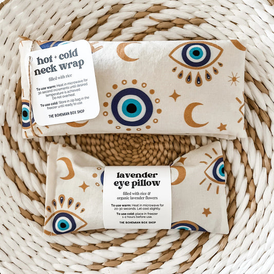 Blue and Gold Evil Eye Lavender Eye Pillow - Hot and Cold Neck Wrap - Microwaveable Rice Packs