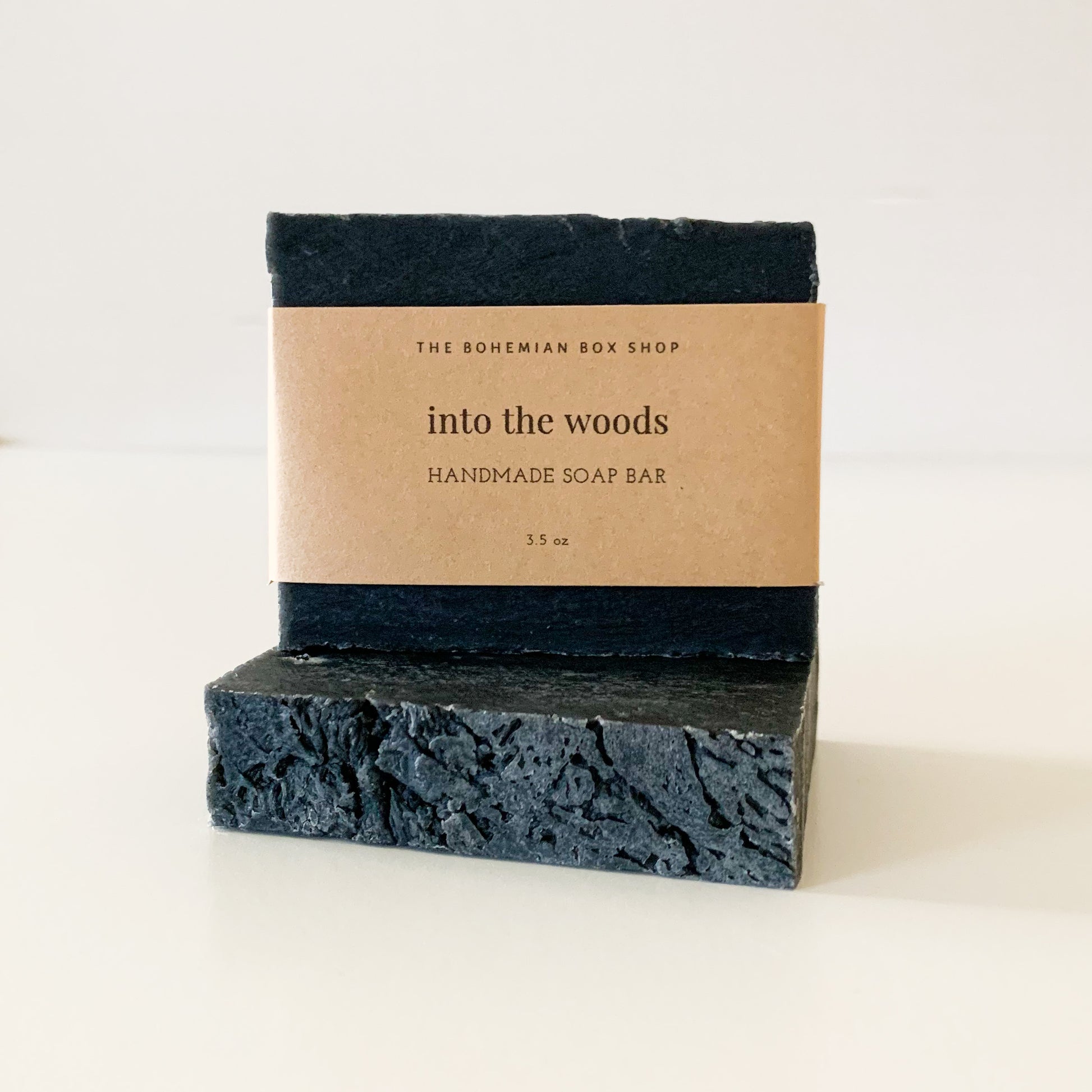 into the woods soap bar with brown Kraft label.