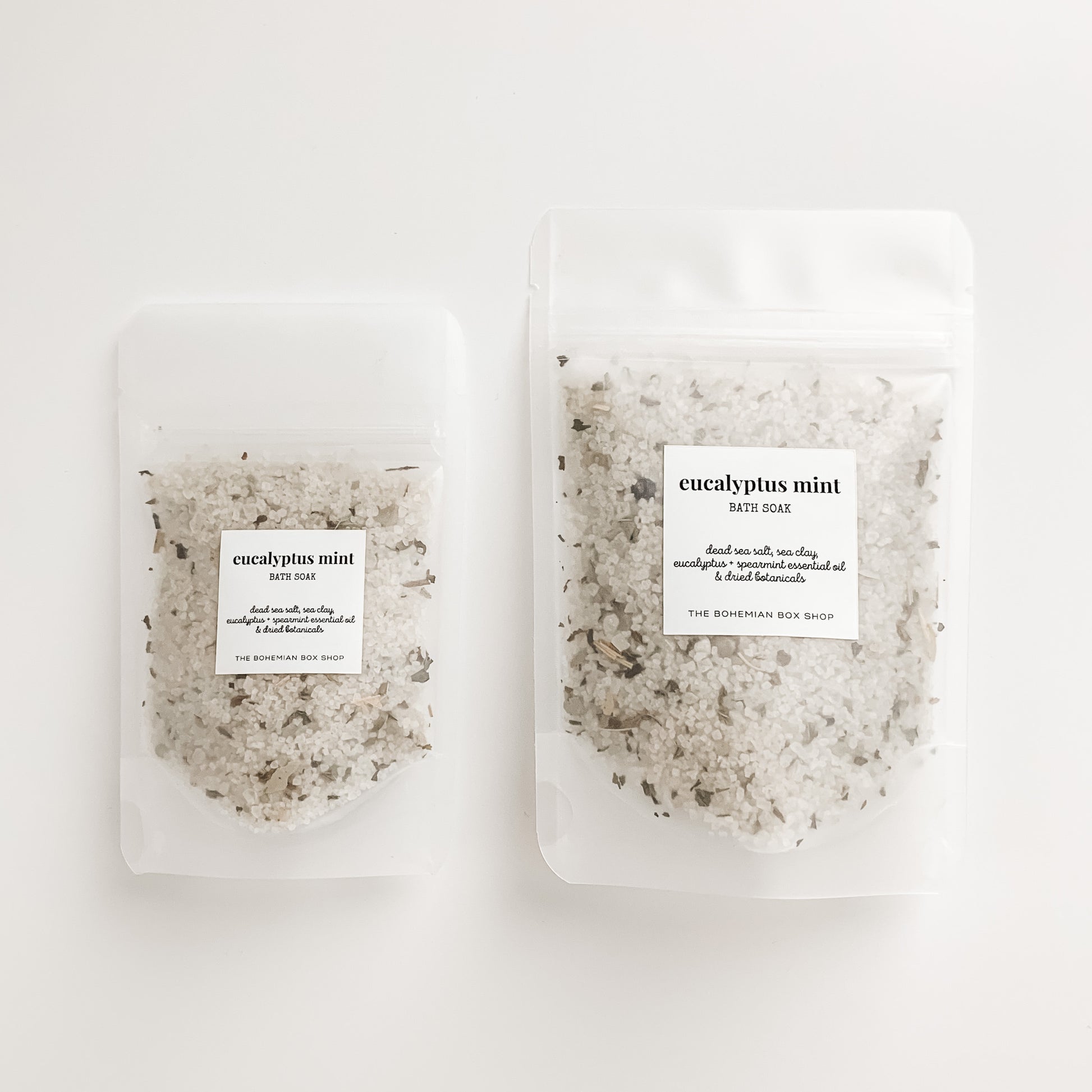 eucalyptus bath salts in 2oz and 4oz frosted packets