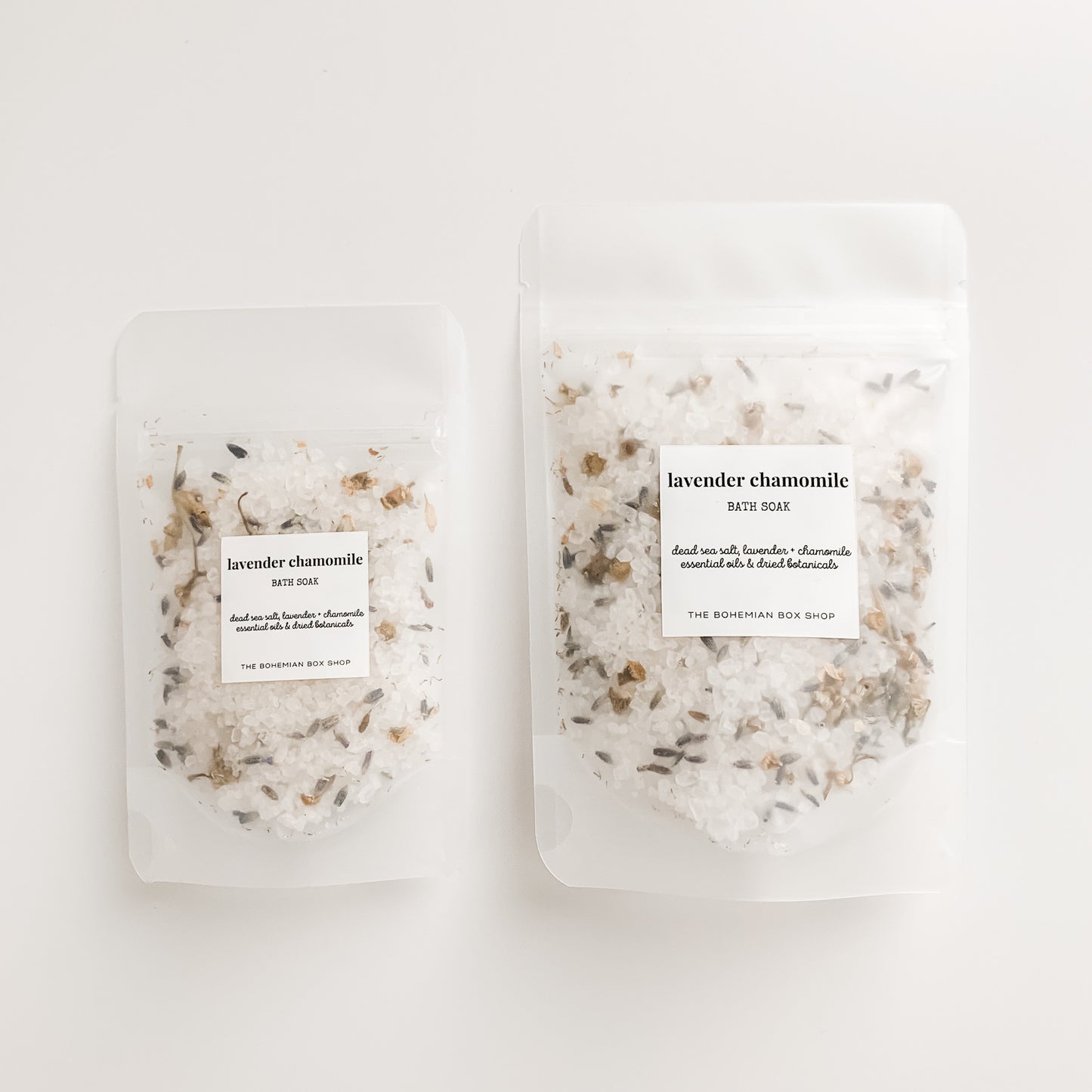 lavender chamomile bath salts in 2oz and 4oz frosted packets