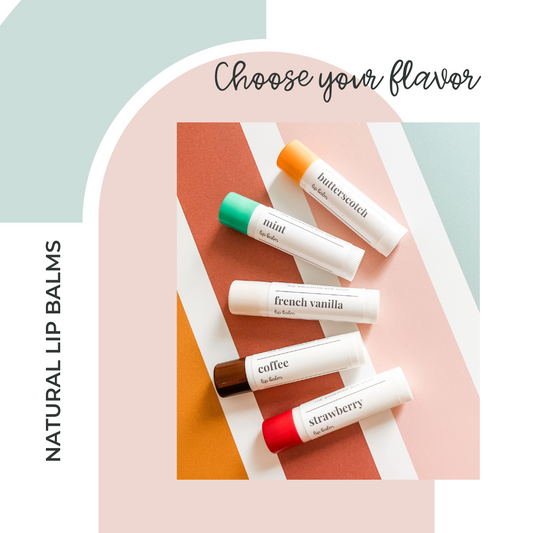 assorted lip balms with colorful caps. Butterscotch, mint, French vanilla, coffee, and strawberry. ￼