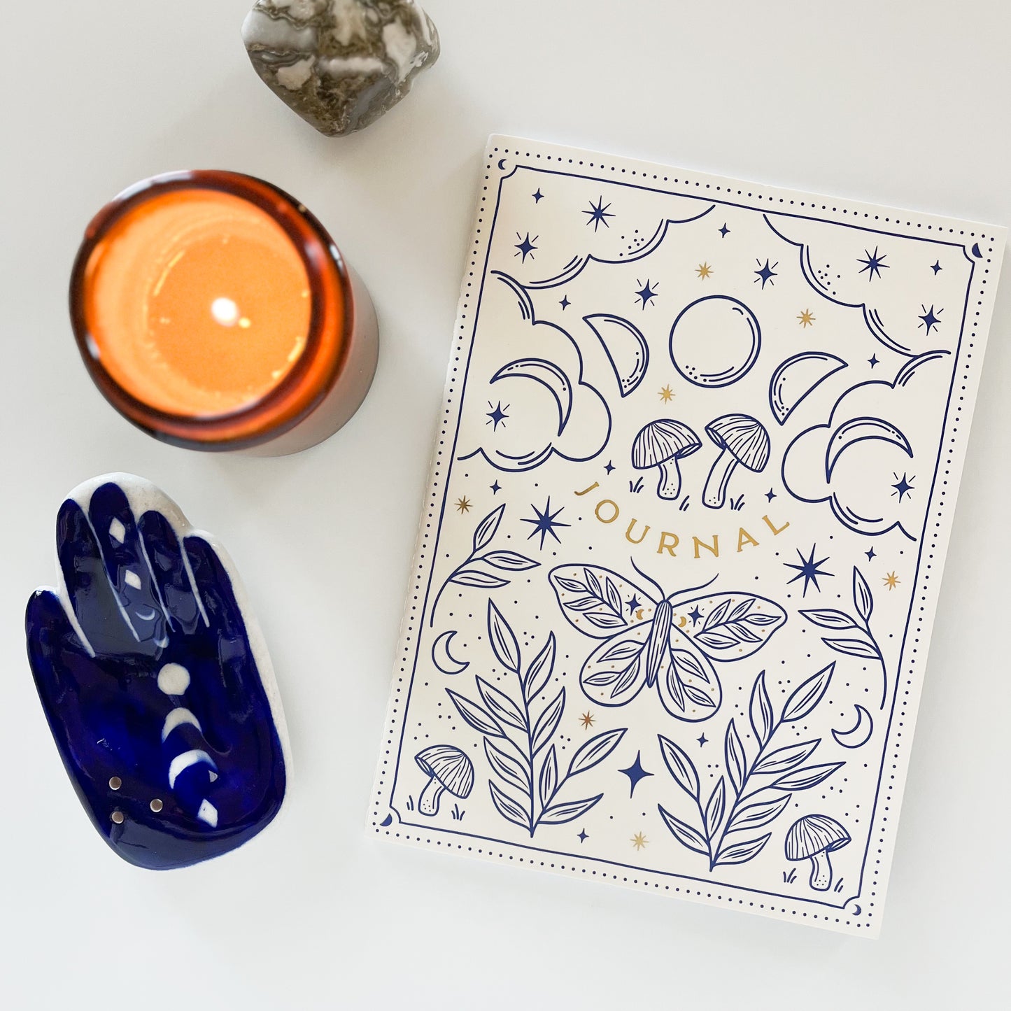 Boho Moon Phase Lined Journal - White, Blue and Gold with mushrooms, moon phase and leaves.