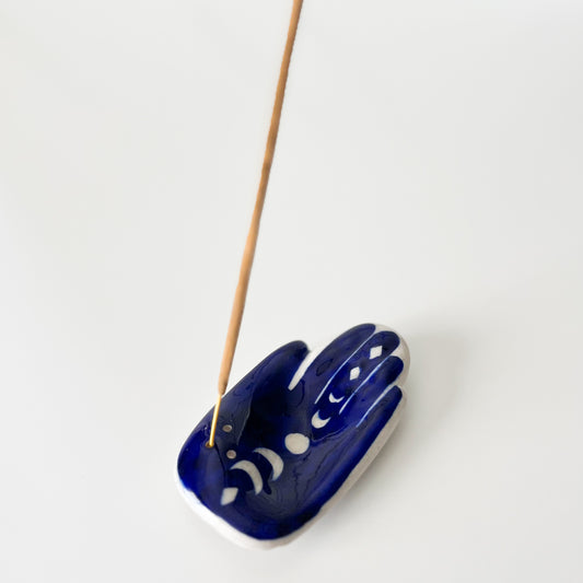 Blue Hamsa Moon Phase Incense Holder - Hand Painted Ceramic