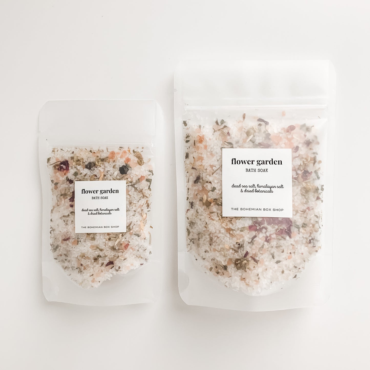 flower garden bath soak in 2oz and 4oz frosted packets