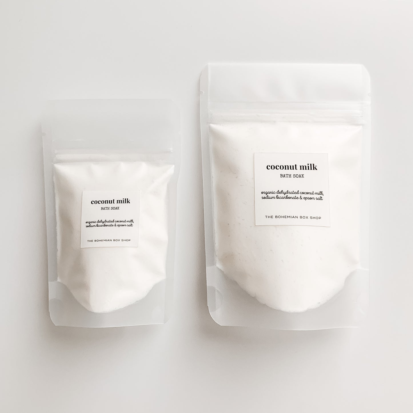 coconut milk bath soak in 2oz and 4oz frosted packets