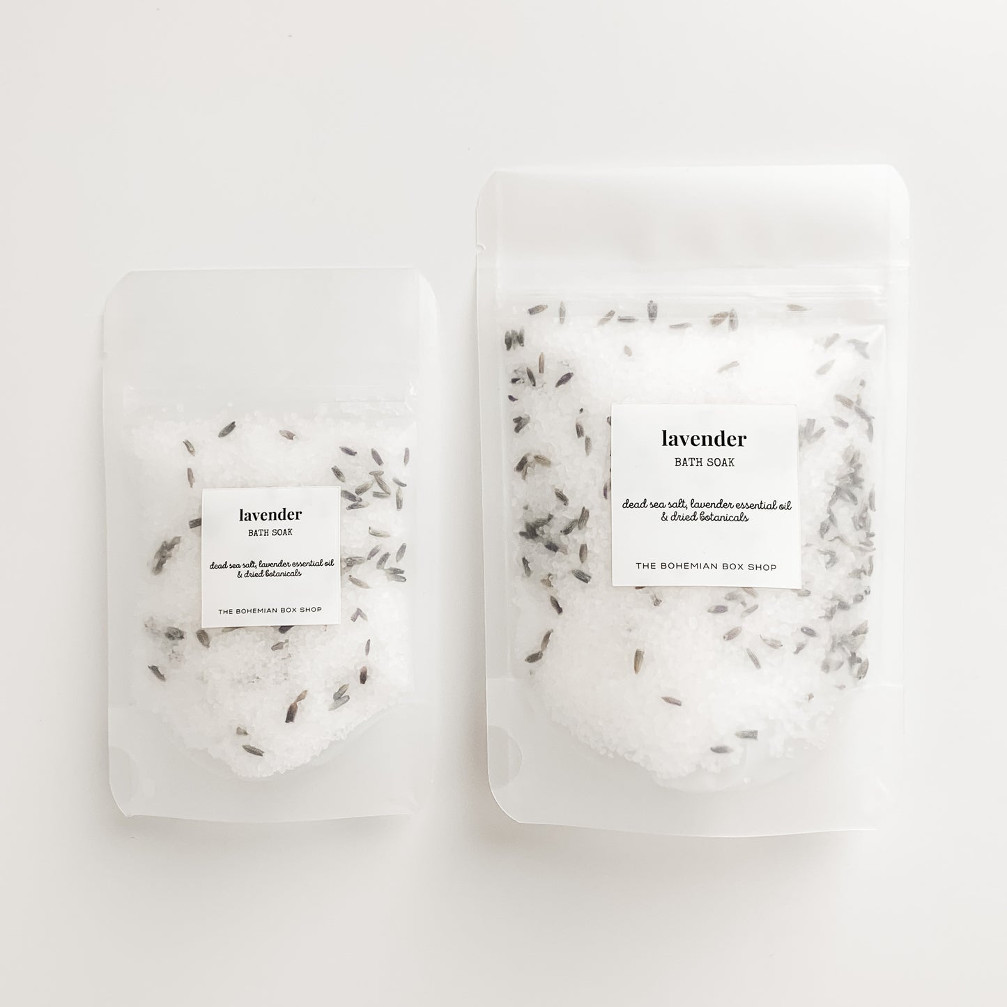 lavender bath salts in 2oz and 4oz frosted packets