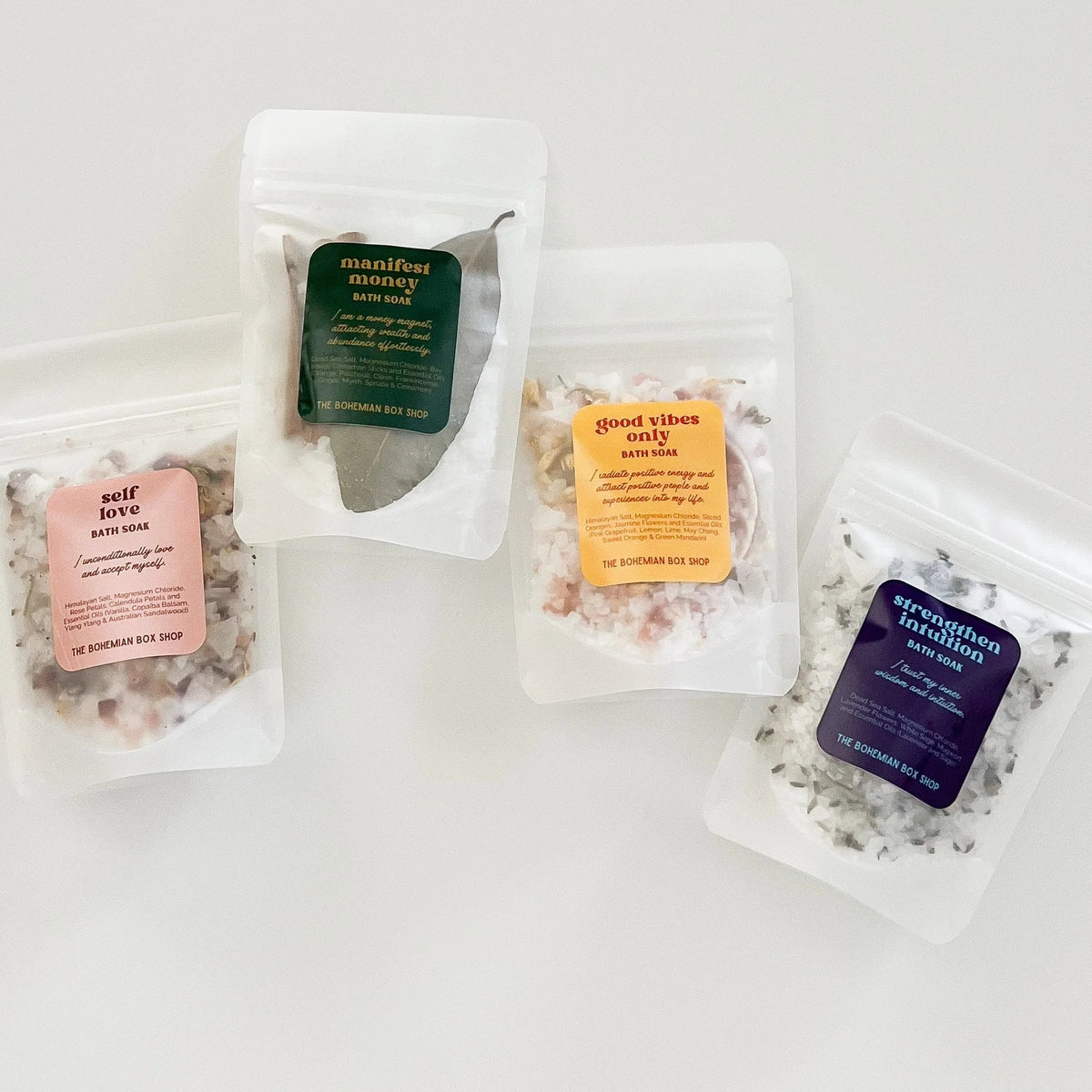 Assorted affirmation bath soak packets. Self love, manifest money, good vibes only, strengthen intuition.
