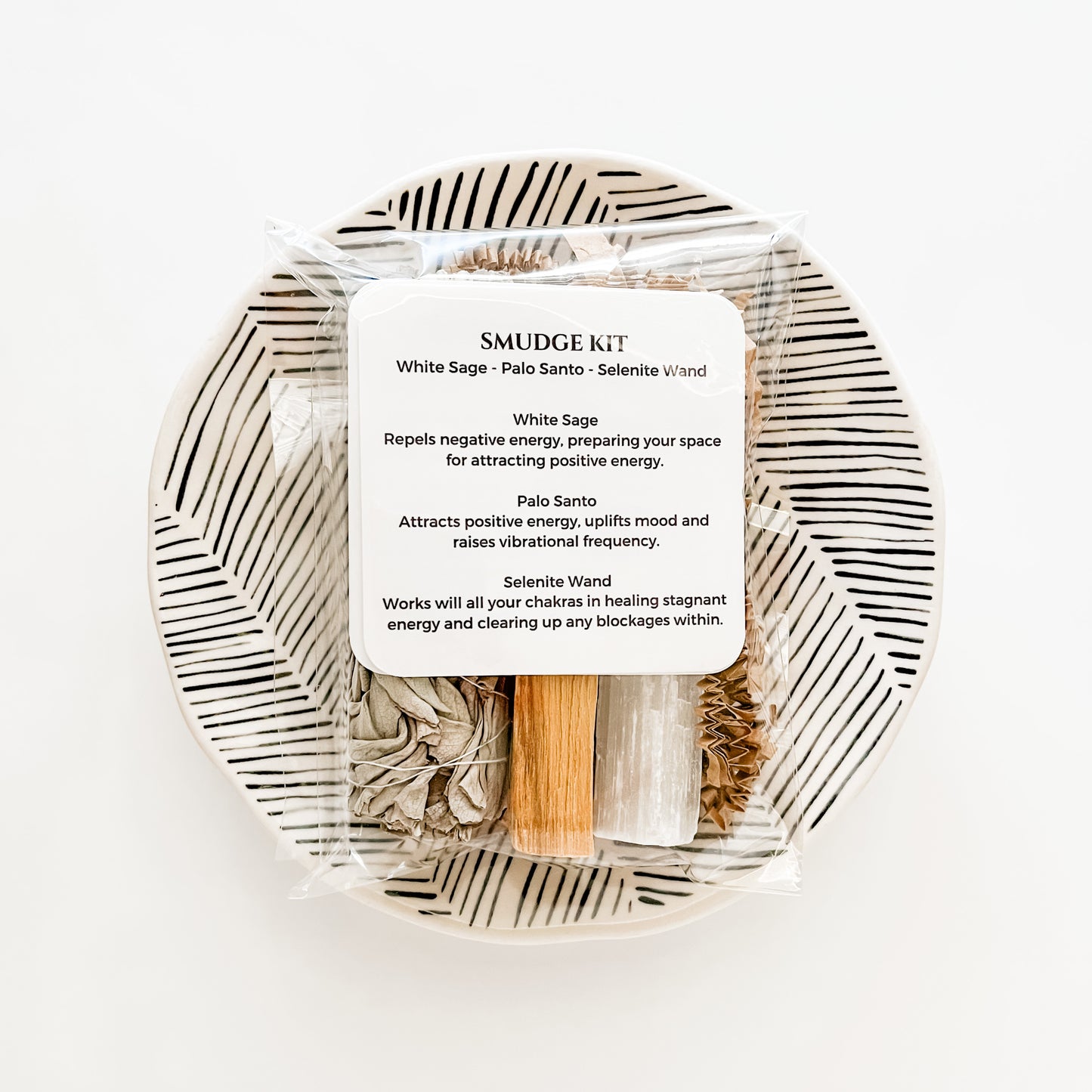 Smudge Kit - White Sage, Palo Santo and Selenite Wand for Cleansing, Chakra Balancing, Energy Clearing, Home Cleansing, Fresh Start. Comes with directions for use.