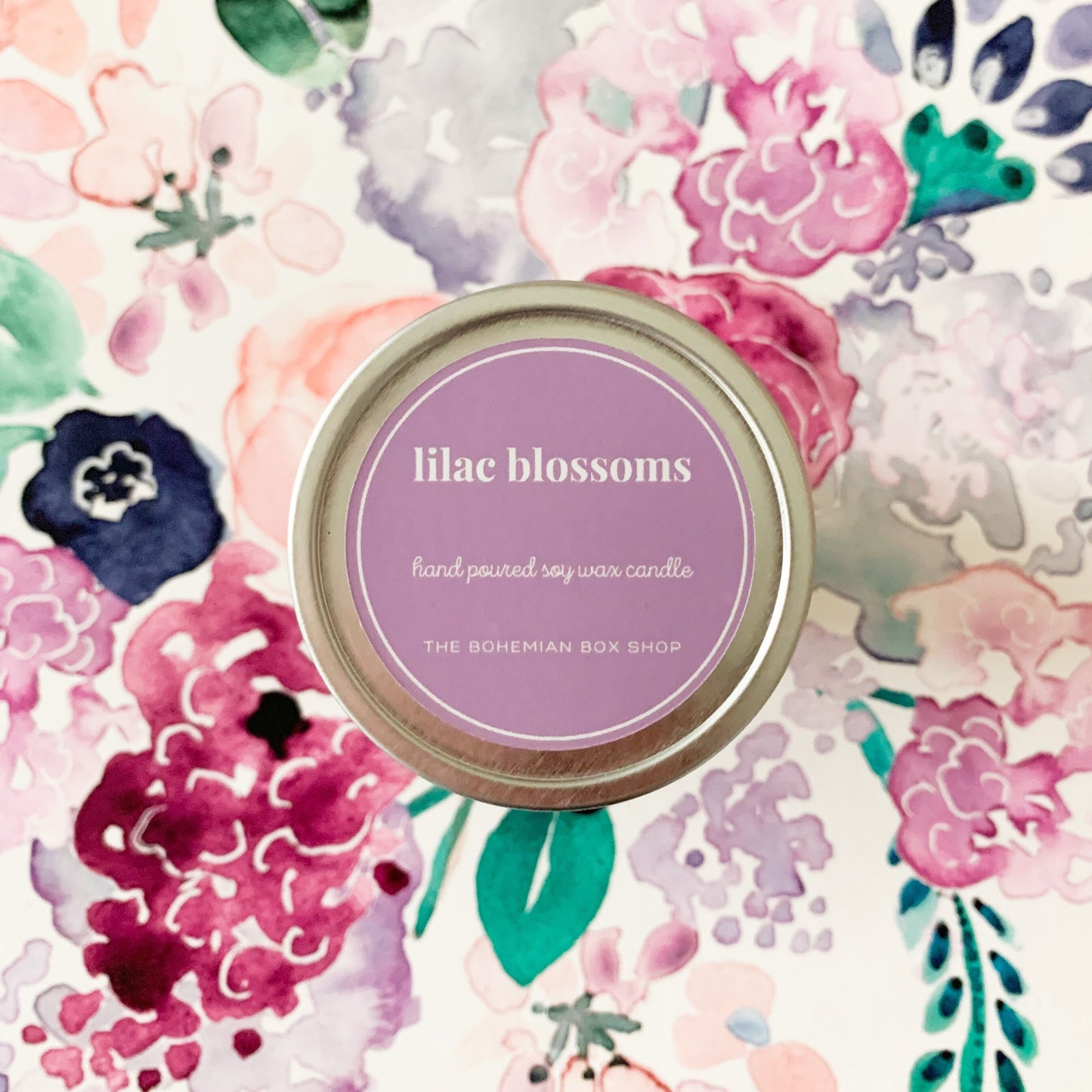 Lilac Blossoms 4oz Tin Soy Candle with light purple label