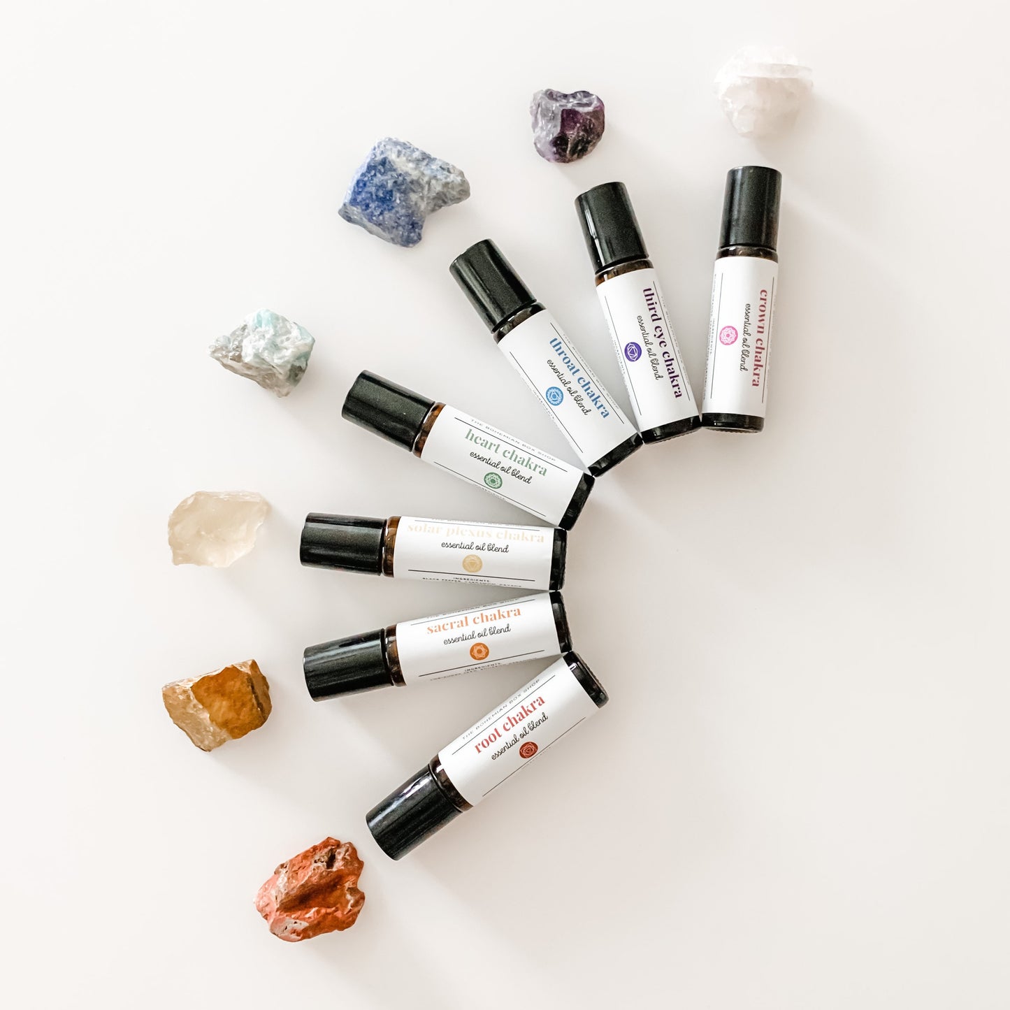 Seven chakra roller bottles for each chakra ๏ฟผ
