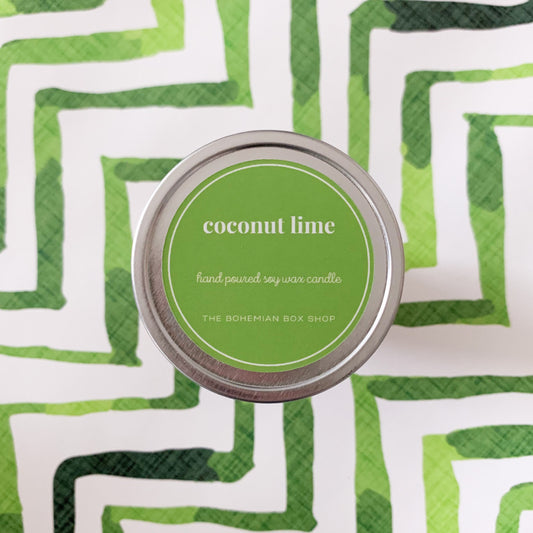 Coconut Lime 4oz Tin Soy Candle with green label 