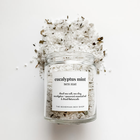 Eucalyptus Mint Bath Soak - Detox Bath Salts in a clear jar with white label 