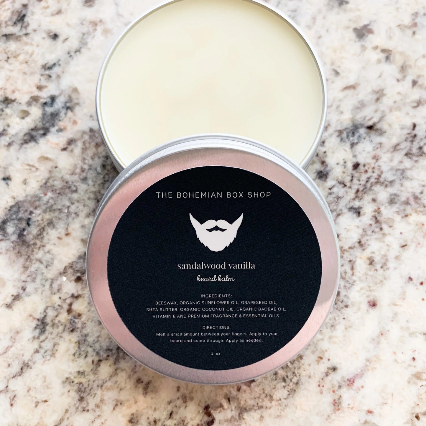 Sandalwood Vanilla Beard Balm in a 2oz tin with black label