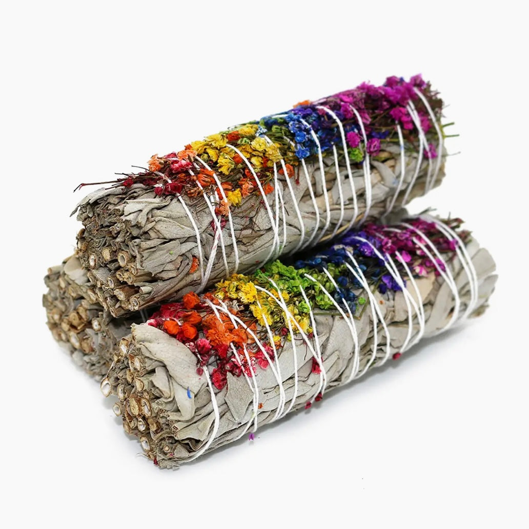 Sage bundle with rainbow colored flowers ￼