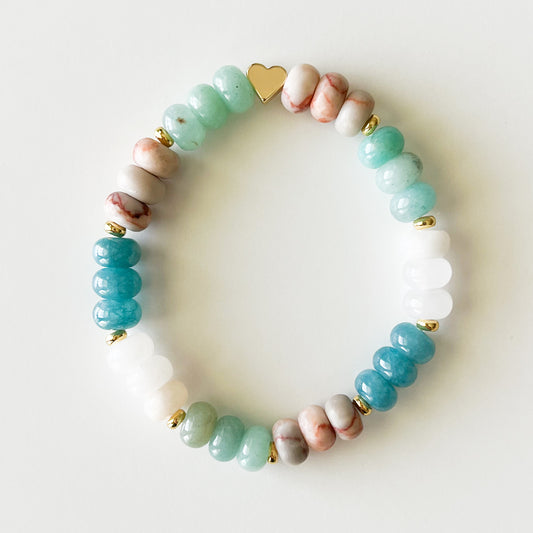 Coastal Blush Gemstone Rondelle Boho Bead Bracelet