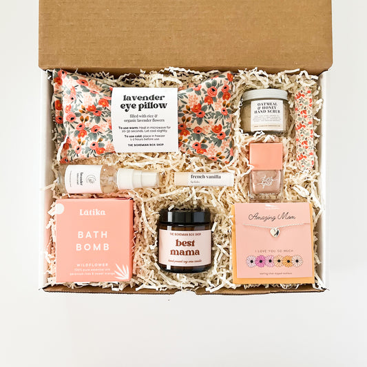 The Best Mama Gift Set Care Package. Includes lavender eye pillow, lavender linen spray, bath bomb, lip balm, best mama soy candle, hand scrub, nail file, nail polish, heart necklace. ￼
