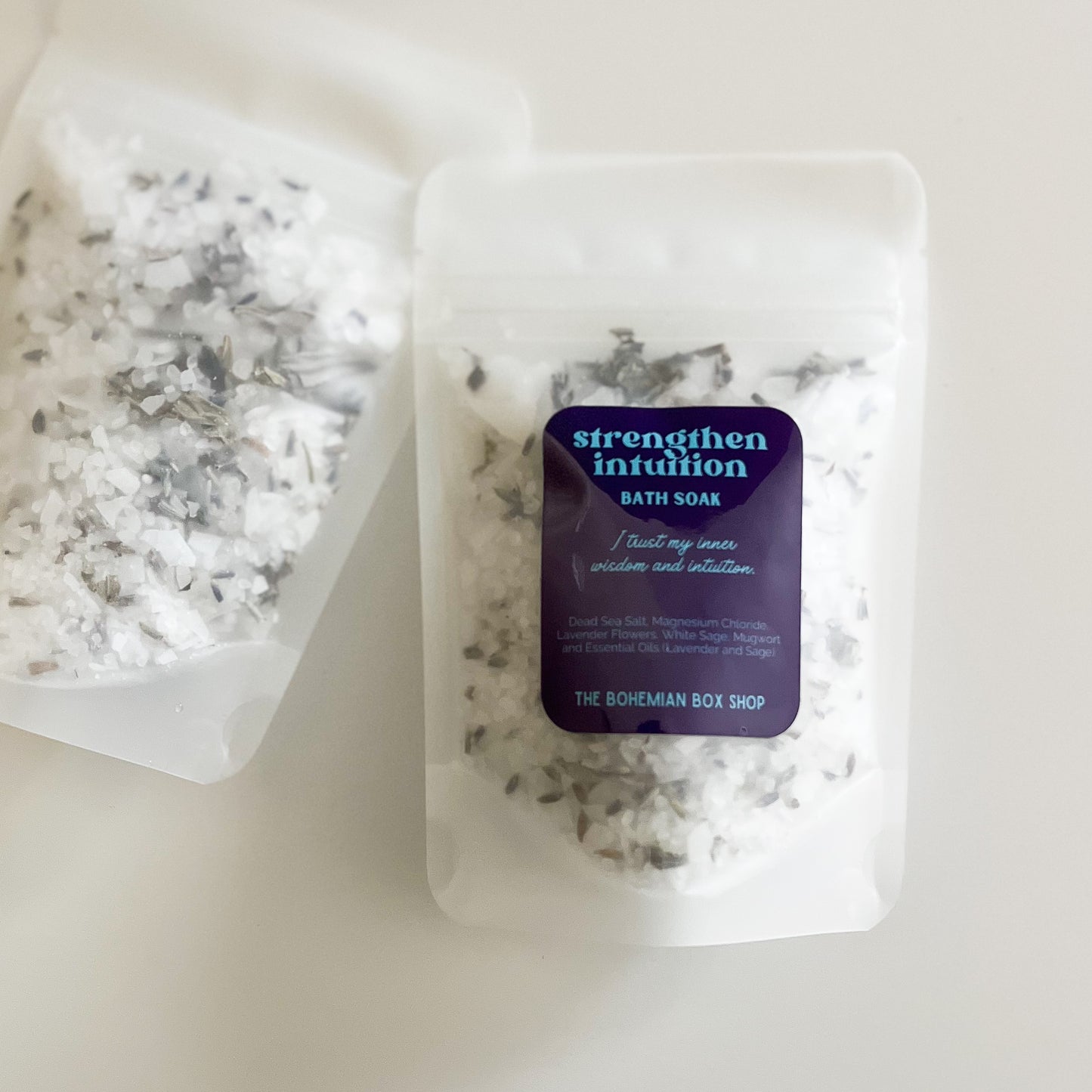 Strengthen intuition bath soak with affirmation, blue and purple label.