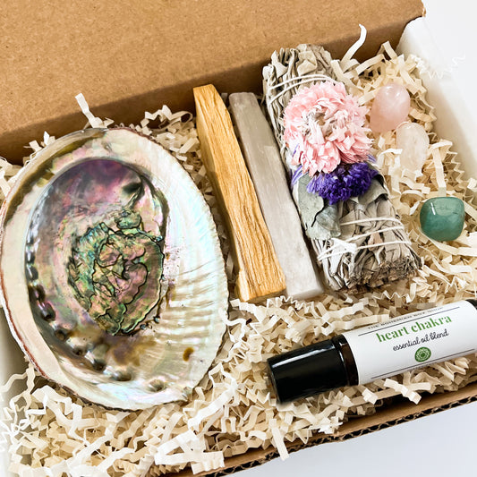 Heart Chakra Healing Gift Set. Includes smudge kit, crystals and heart chakra roller bottle. 