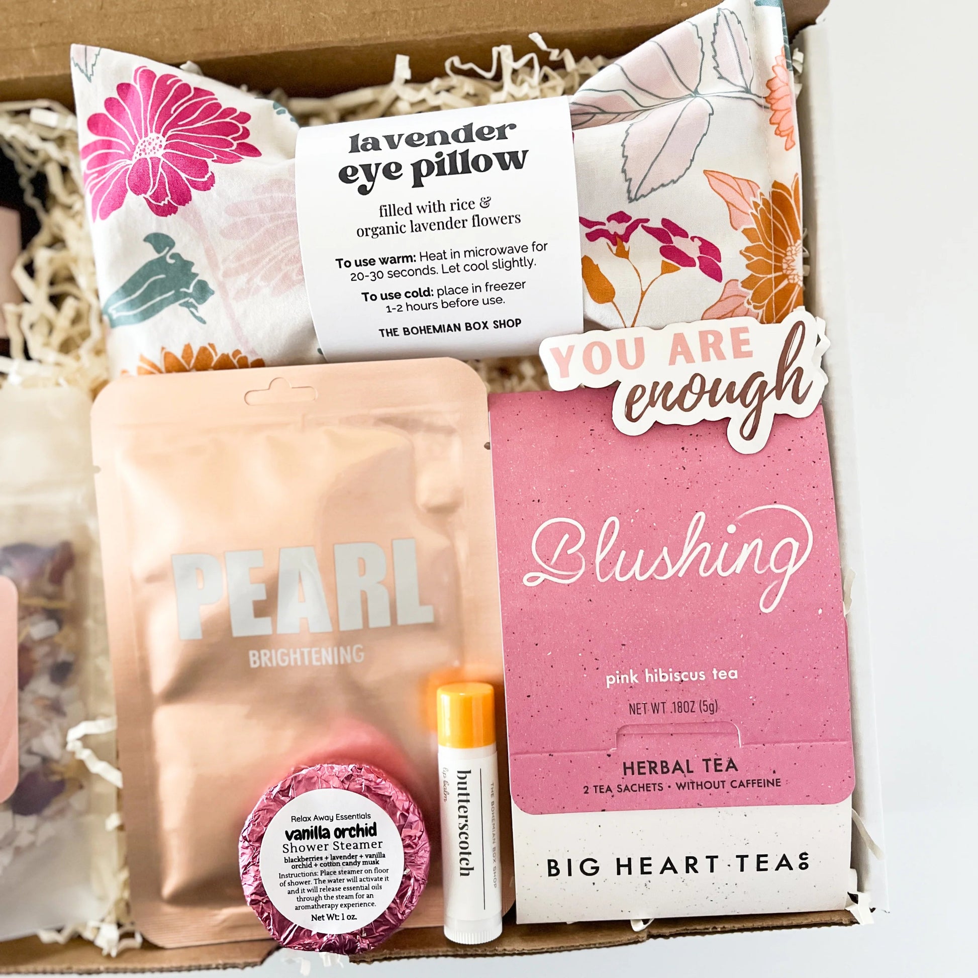 Best mama self-care gift. Contains best mama 4 ounce candle, self-love bath soak with affirmation, pearl facial mask, shower steamer, lip balm, lavender eye pillow you are enough vinyl sticker and blushing tea. 