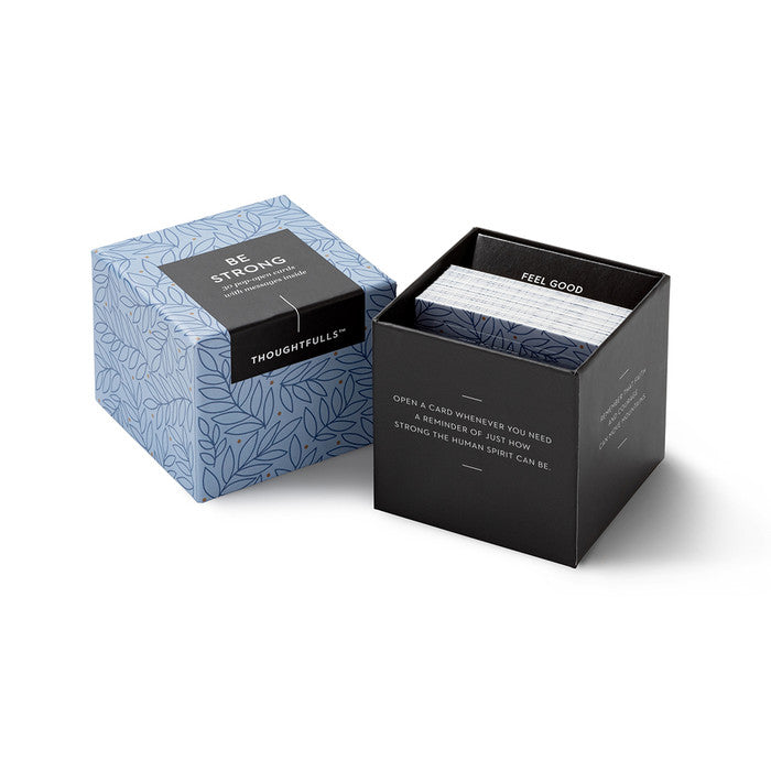 Two boxes, one blue and one black with 'be strong', with 'Thoughtfull' branding on a white background