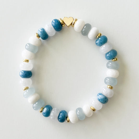 Blue and White Dyed Jade Rondelle Boho Bead Bracelet
