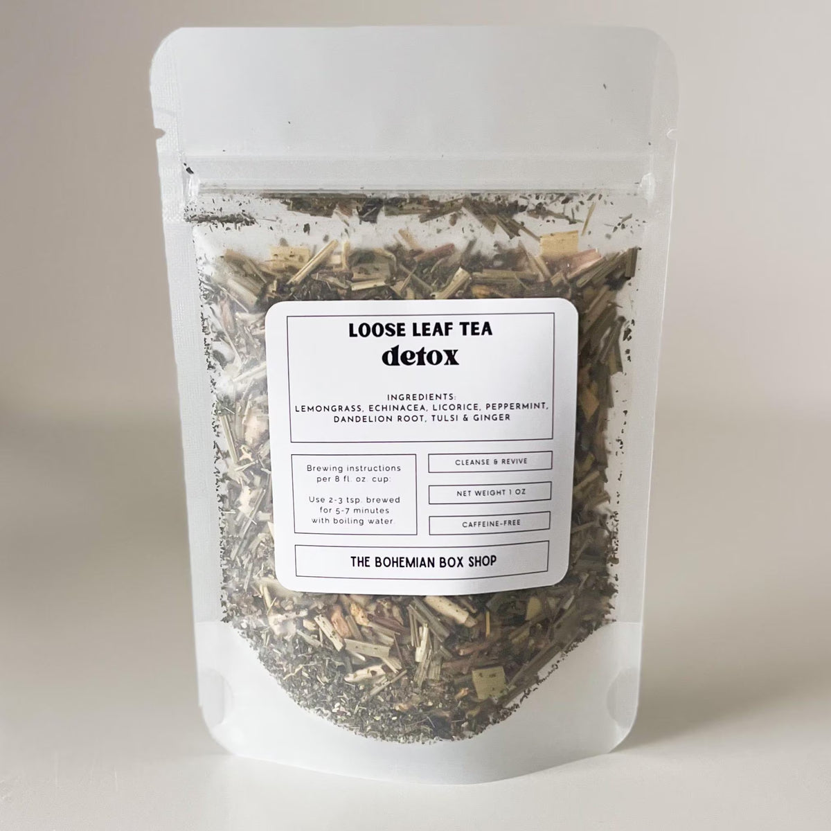 detox loose leaf tea packet with ingredients made by The Bohemian Box Shop