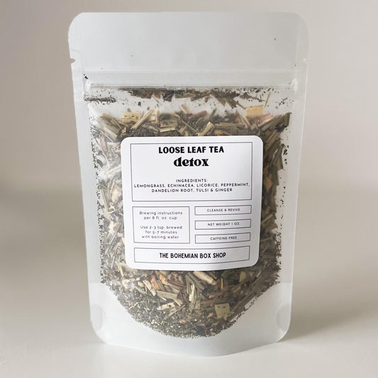 detox loose leaf tea packet with ingredients made by The Bohemian Box Shop
