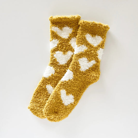 Mustard yellow women’s super soft and cozy, heart ankle socks.￼