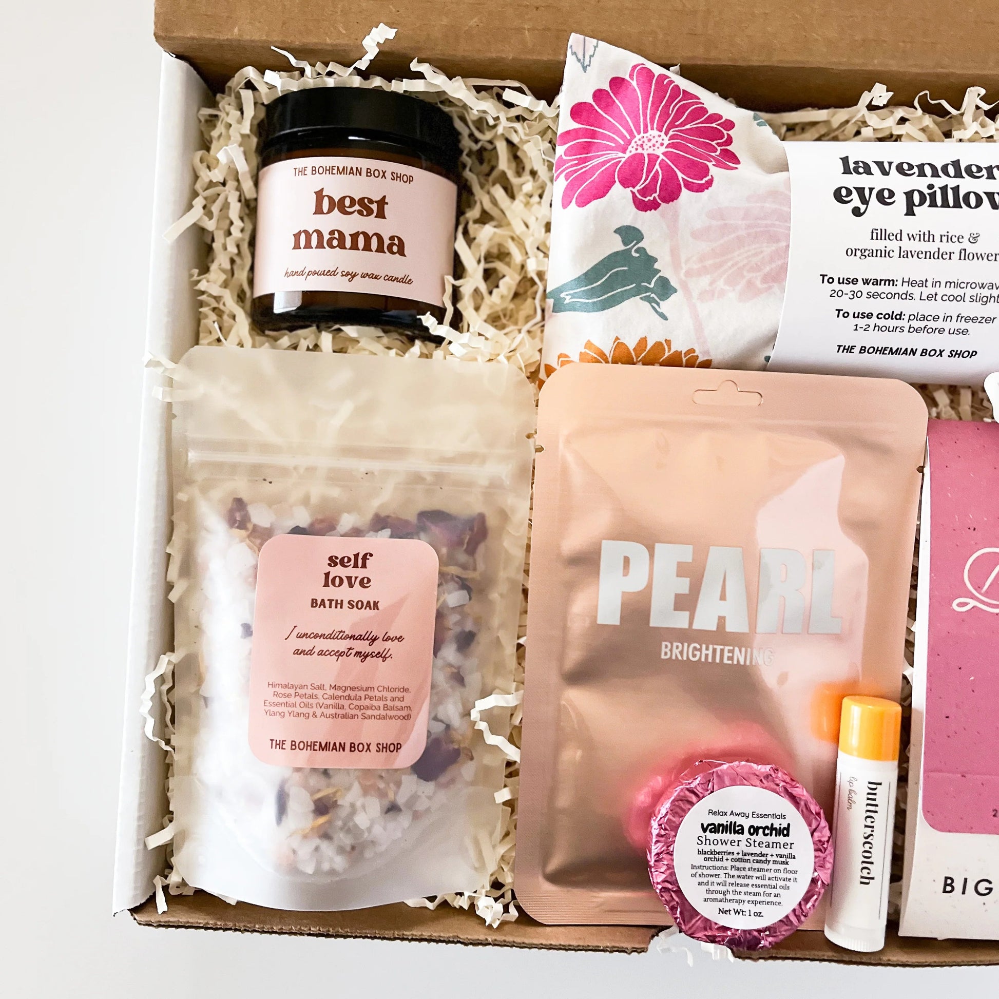 Best mama self-care gift. Contains best mama 4 ounce candle, self-love bath soak with affirmation, pearl facial mask, shower steamer, lip balm, lavender eye pillow you are enough vinyl sticker and blushing tea. 