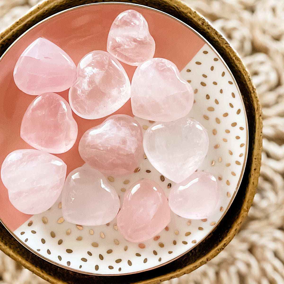 Rose Quartz Heart Crystals on a rose and gold plate