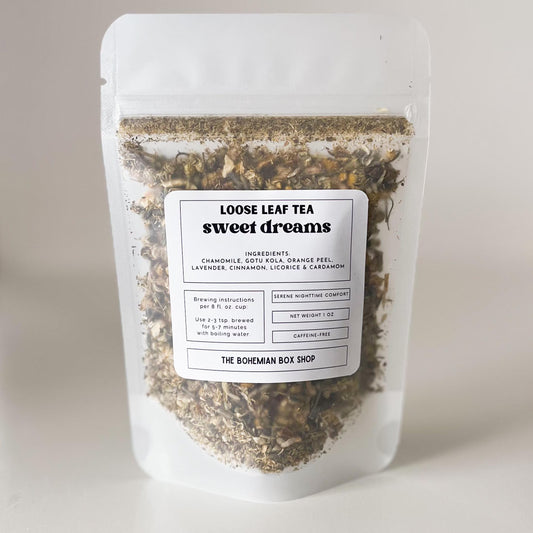 Loose leaf tea package labeled 'Sweet Dreams' from The Bohemian Box Shop on a neutral background