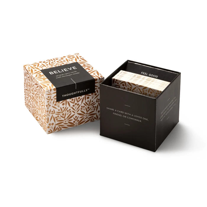 Black box with 'BELIEVE' and 'FEEL GOOD' cards, featuring Thoughtfulls branding.