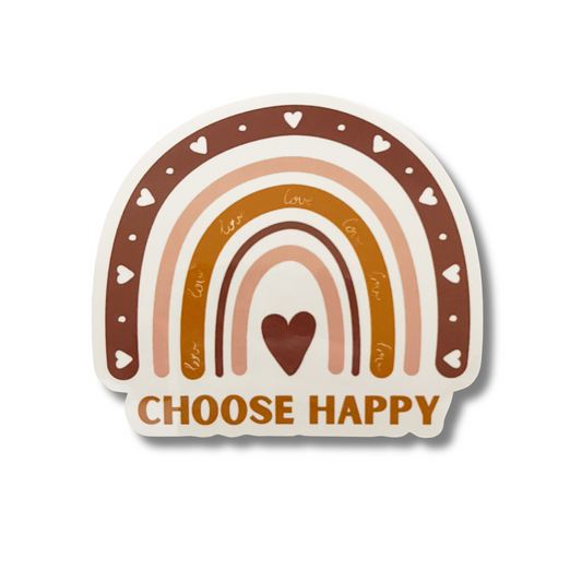 A vinyl sticker with a bohemian style design featuring a rainbow and the text 'CHOOSE HAPPY' in a heart-shaped frame.