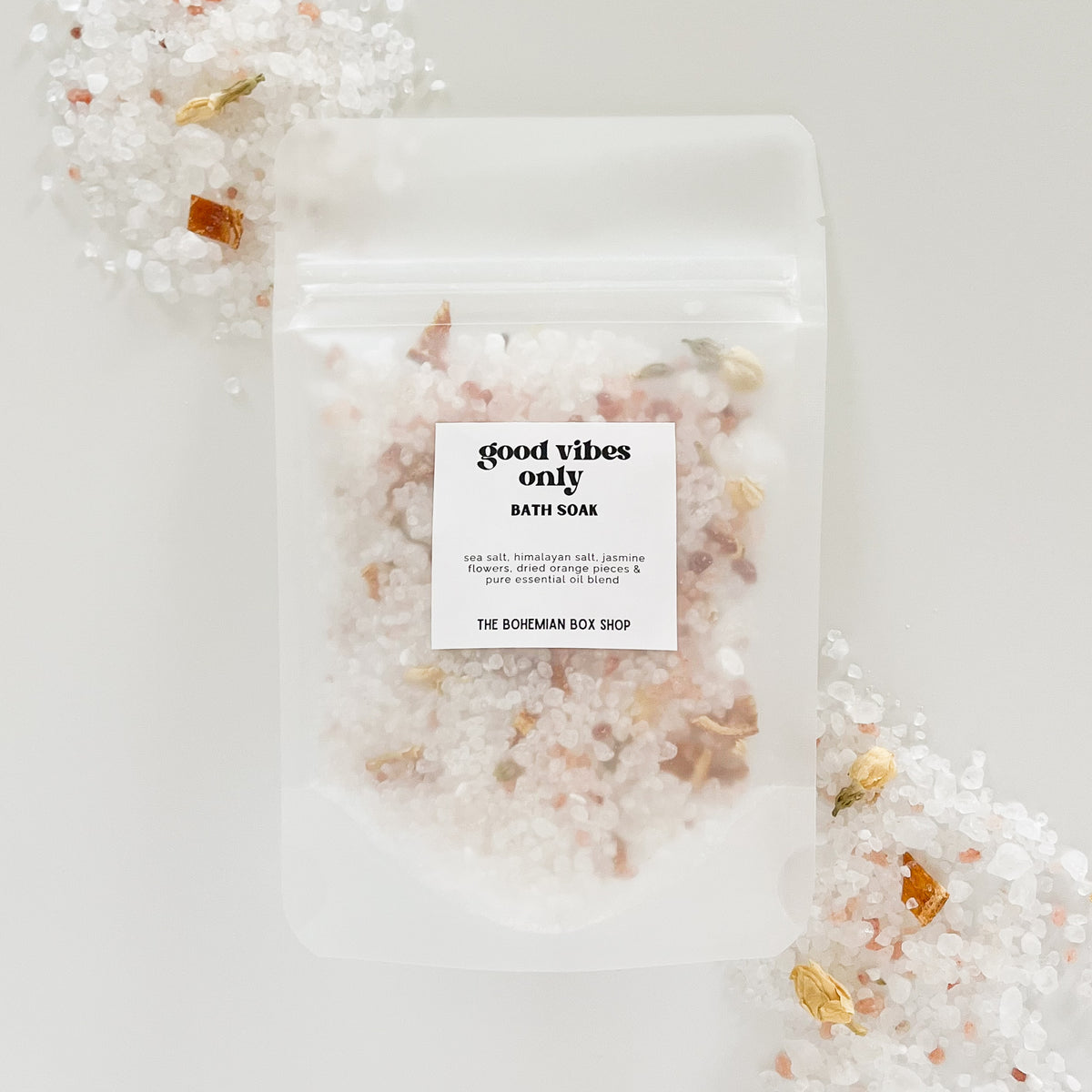 A pack of good vibes only bath soak by the bohemian box shop.