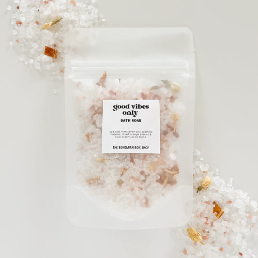 A pack of good vibes only bath soak by the bohemian box shop.