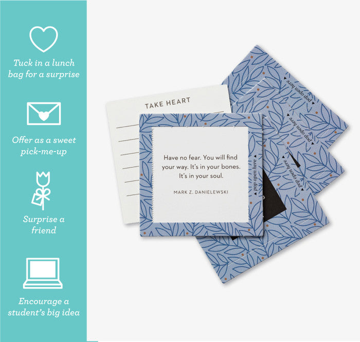 Blue patterned cards with inspirational messages on a white background that read 'Have no fear. You will find your way. It's in your bones. It's in your soul.'