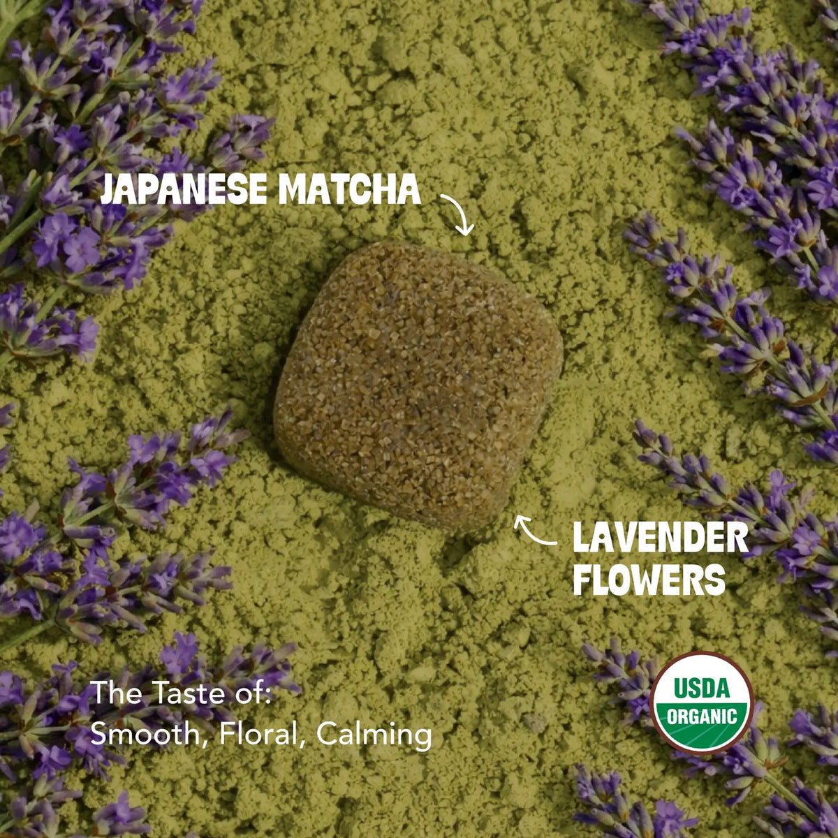 Japanese Matcha powder with lavender flowers on a green background, featuring USDA Organic label.