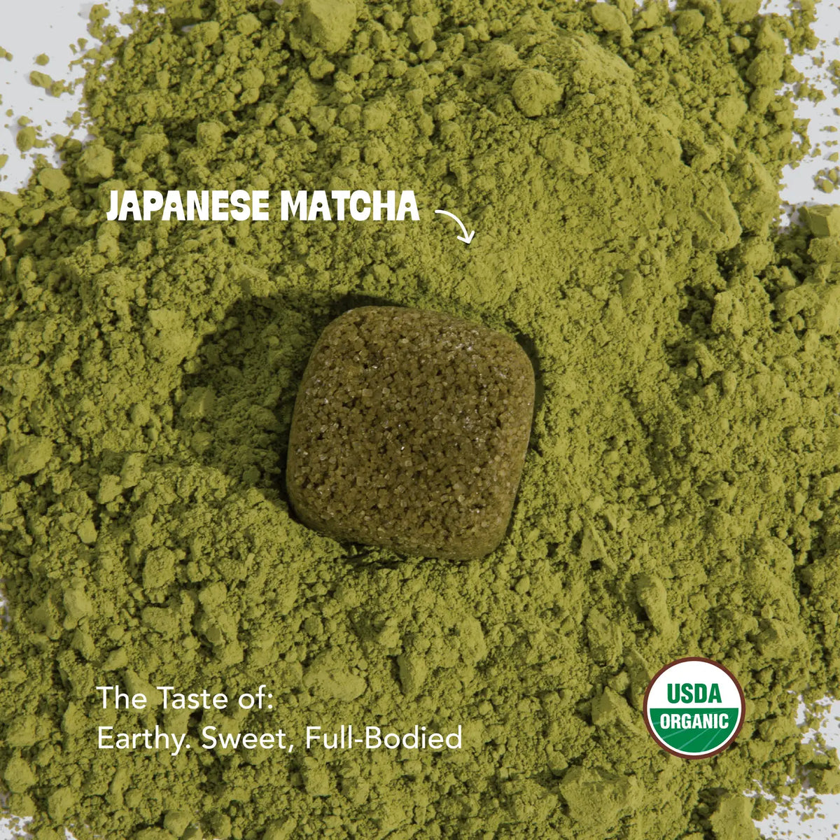 Japanese matcha powder with a tea drop and USDA Organic label.