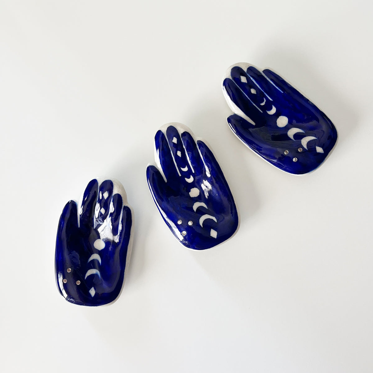 three Blue Hamsa Moon Phase Incense Holder - Hand Painted Ceramic