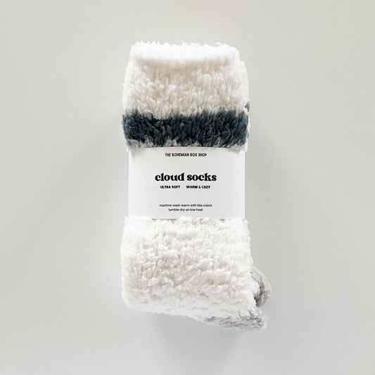 white blue and grey crew cloud socks on a white background