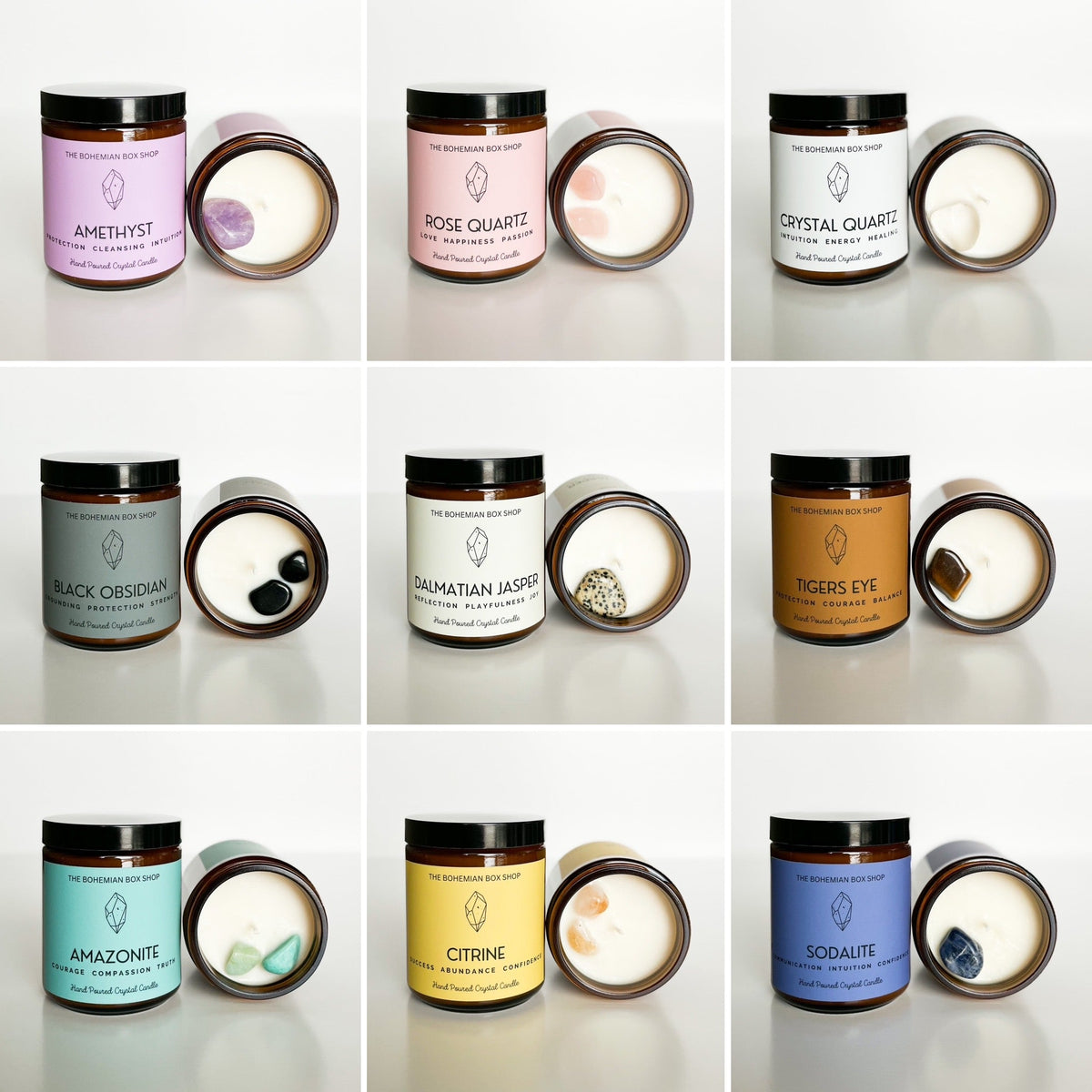 assorted crystal candles in multiple scents and crystal types
