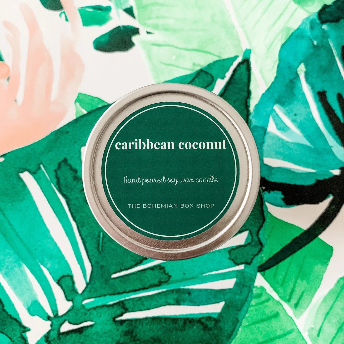 Caribbean Coconut 4oz Tin Soy Candle with boho green label 