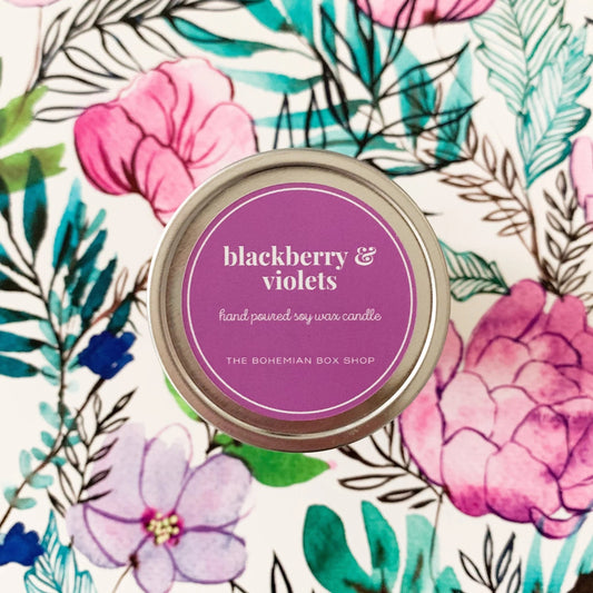 Blackberry and Violets 4oz Tin Soy Candle with purple label 