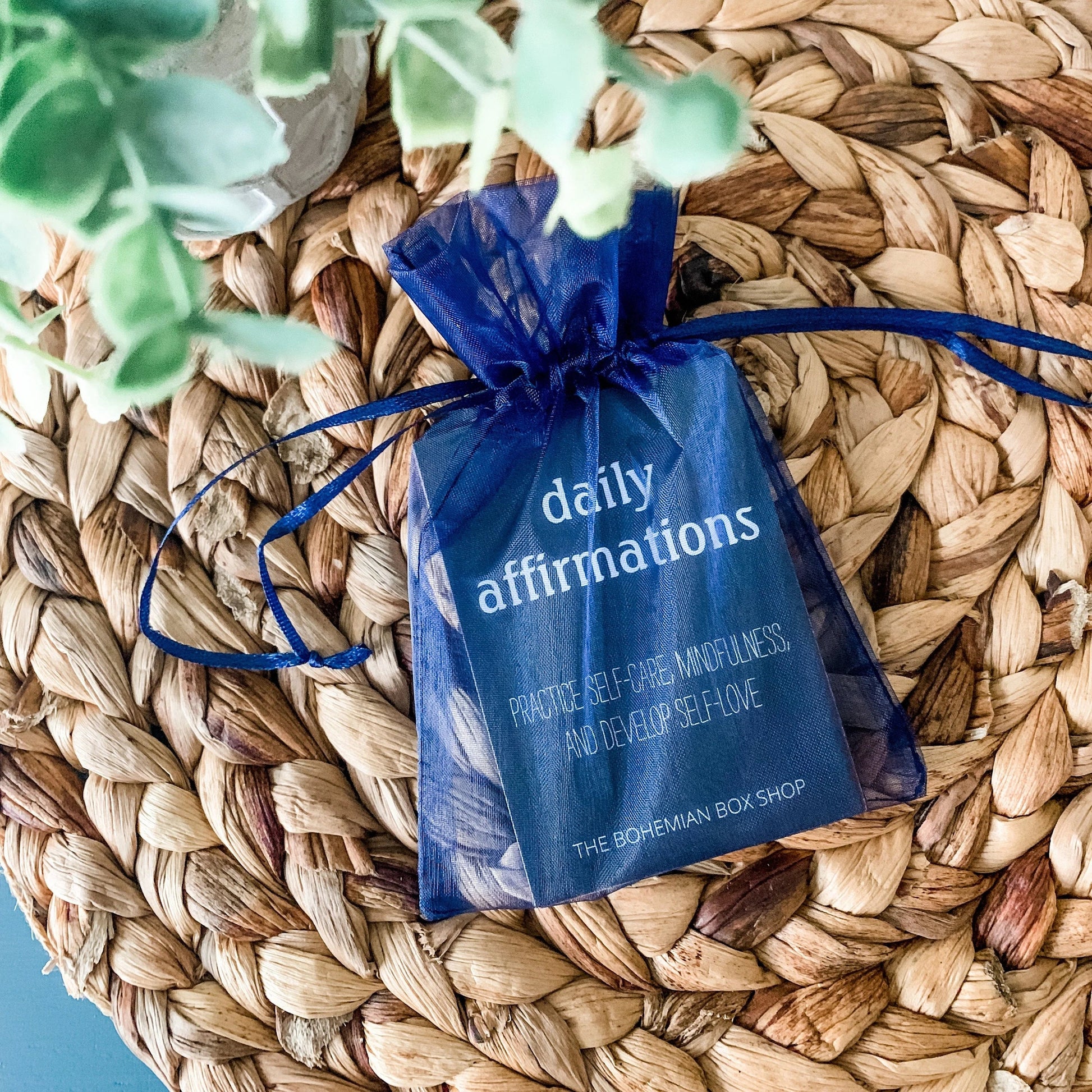Positive Affirmation Cards For Men, Mindfulness Cards, in blue sheer bag