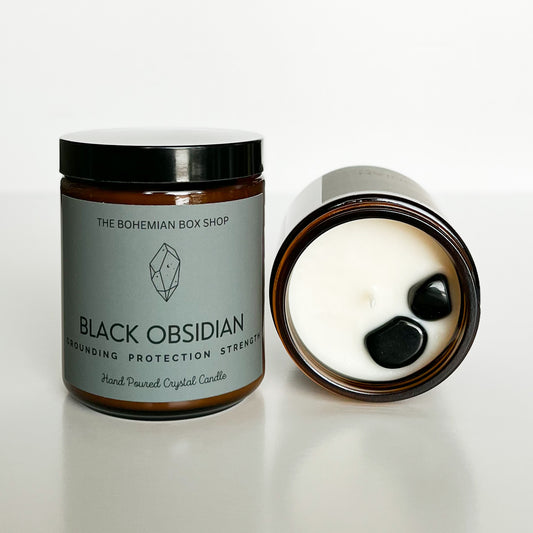 Black Obsidian Crystal Soy Candle / Grounding, Protection, Strength