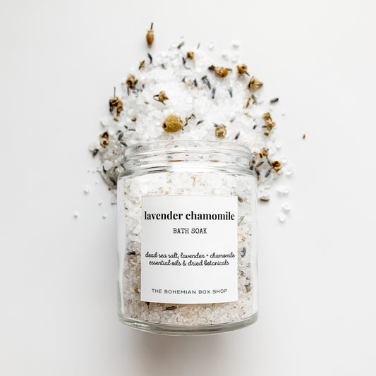 Lavender Chamomile Bath Salts in a clear jar with white label 