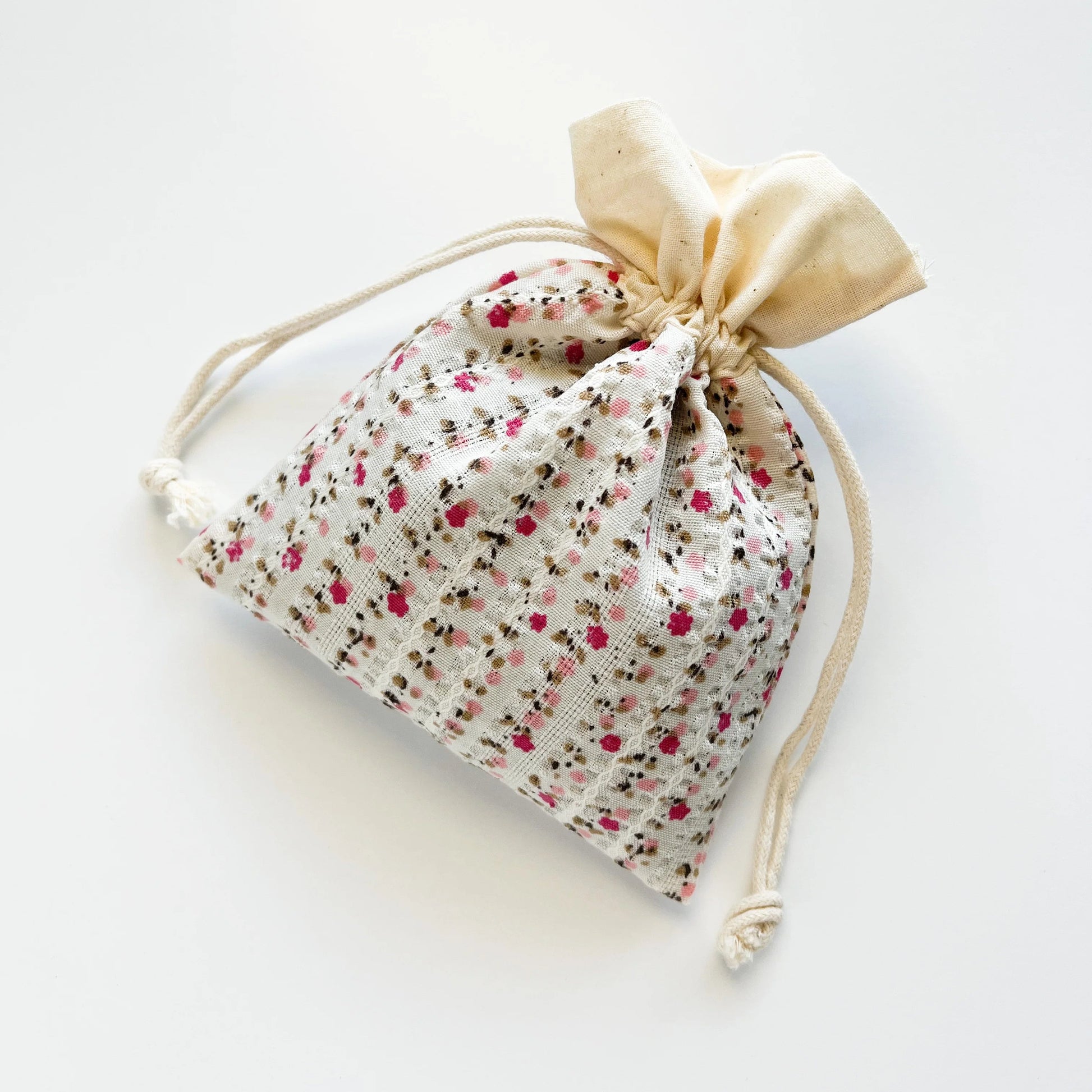 lavender sachet bag with floral fabric and drawstring 